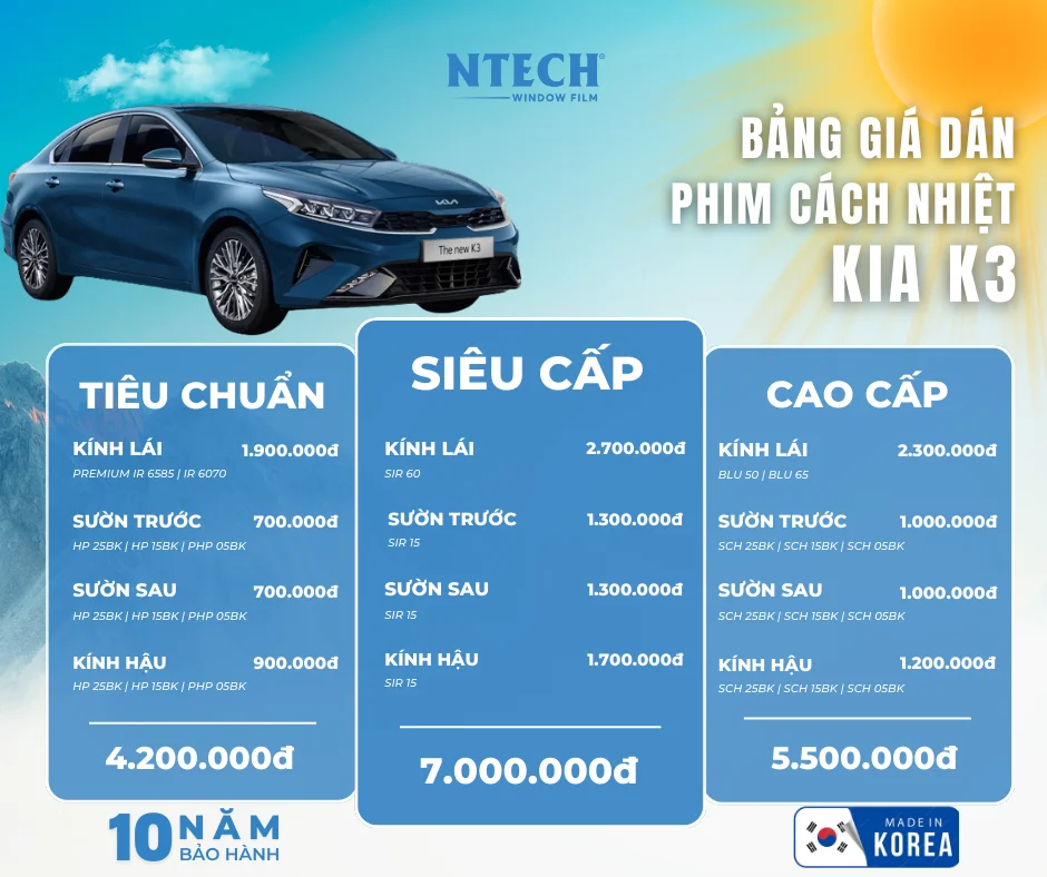 Bảng giá dán phim cách nhiệt NTECH cho xe KIA K3 mới nhất 2026