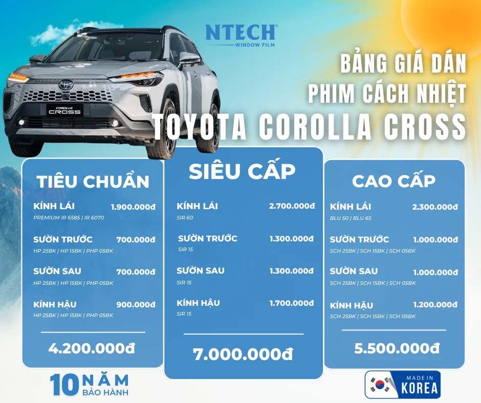 Bảng giá dán phim cách nhiệt NTECH cho xe Toyota Corolla Cross mới nhất 2026