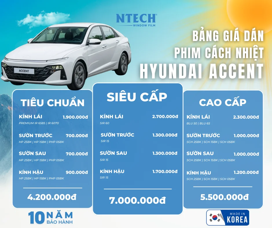 Bảng giá dán phim cách nhiệt NTECH cho xe Hyundai Accent mới nhất 2026