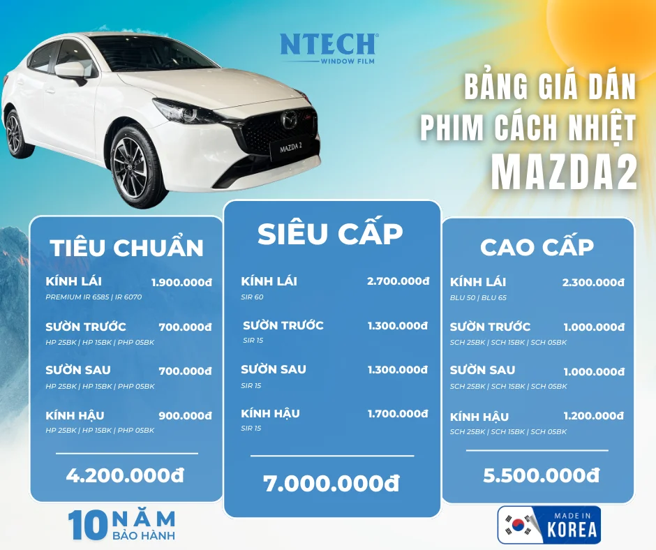 Bảng giá dán phim cách nhiệt NTECH cho xe Mazda2 mới nhất 2026