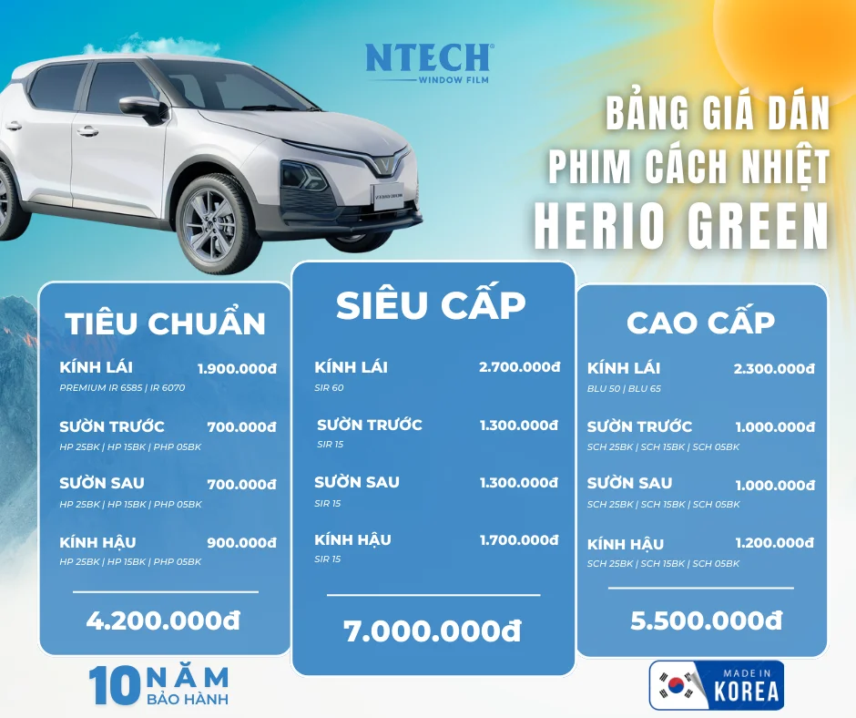 Bảng giá dán phim cách nhiệt NTECH cho xe Herio Green mới nhất 2026