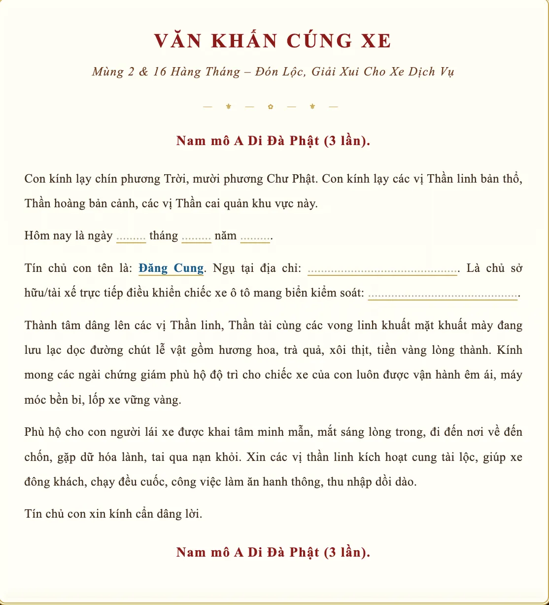 Văn khấn cúng xe mùng 2 và mùng 16 hàng tháng đón lộc, giải xui cho xe dịch vụ