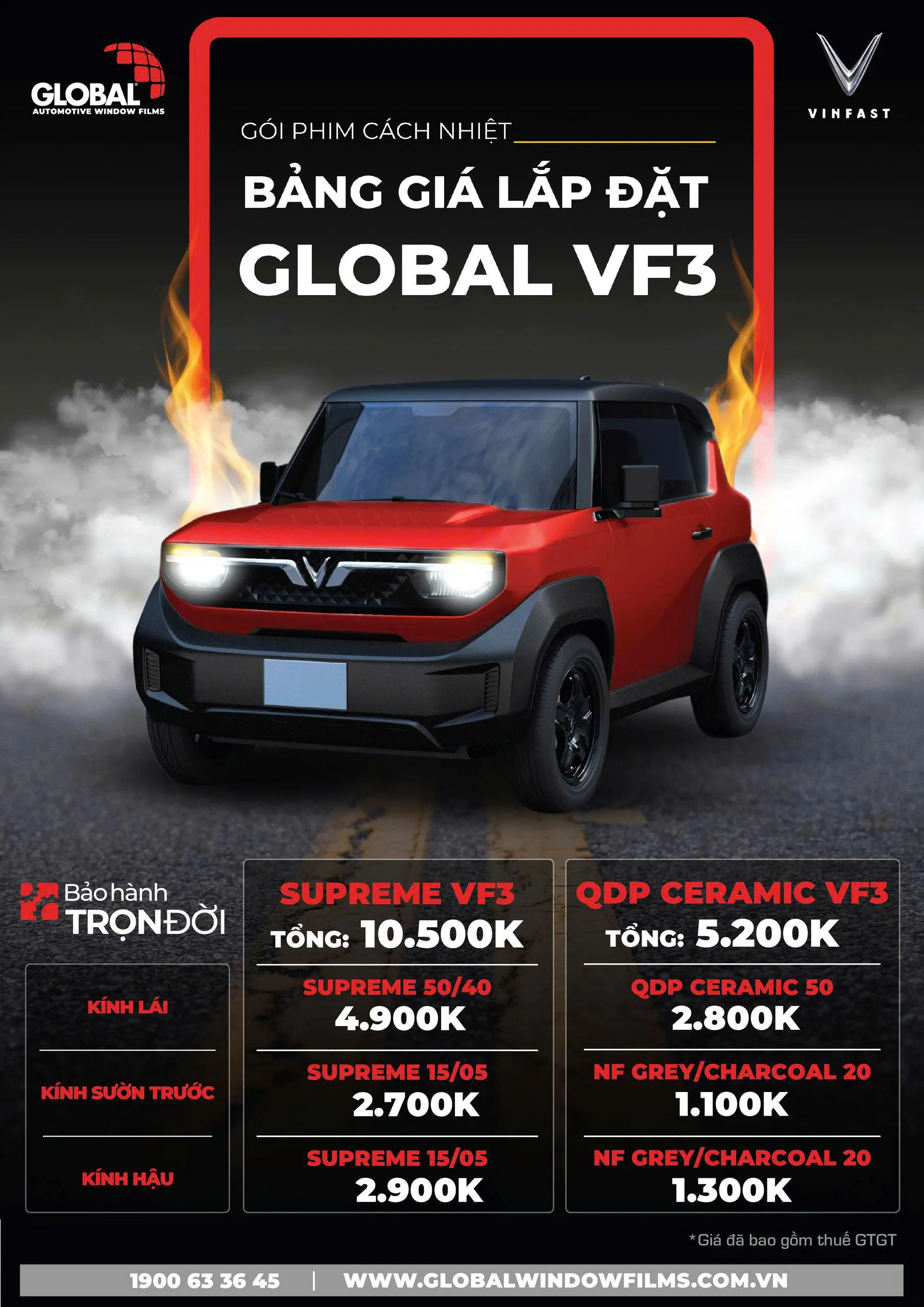 Gói phim cách nhiệt Global cho VF3 giá từ 5.200.000 đến 10.500.000 VNĐ