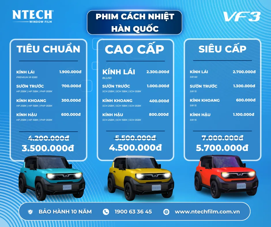 Gói phim cách nhiệt NTECH cho VF3 giá từ 3.500.000 đến 5.700.000 VNĐ