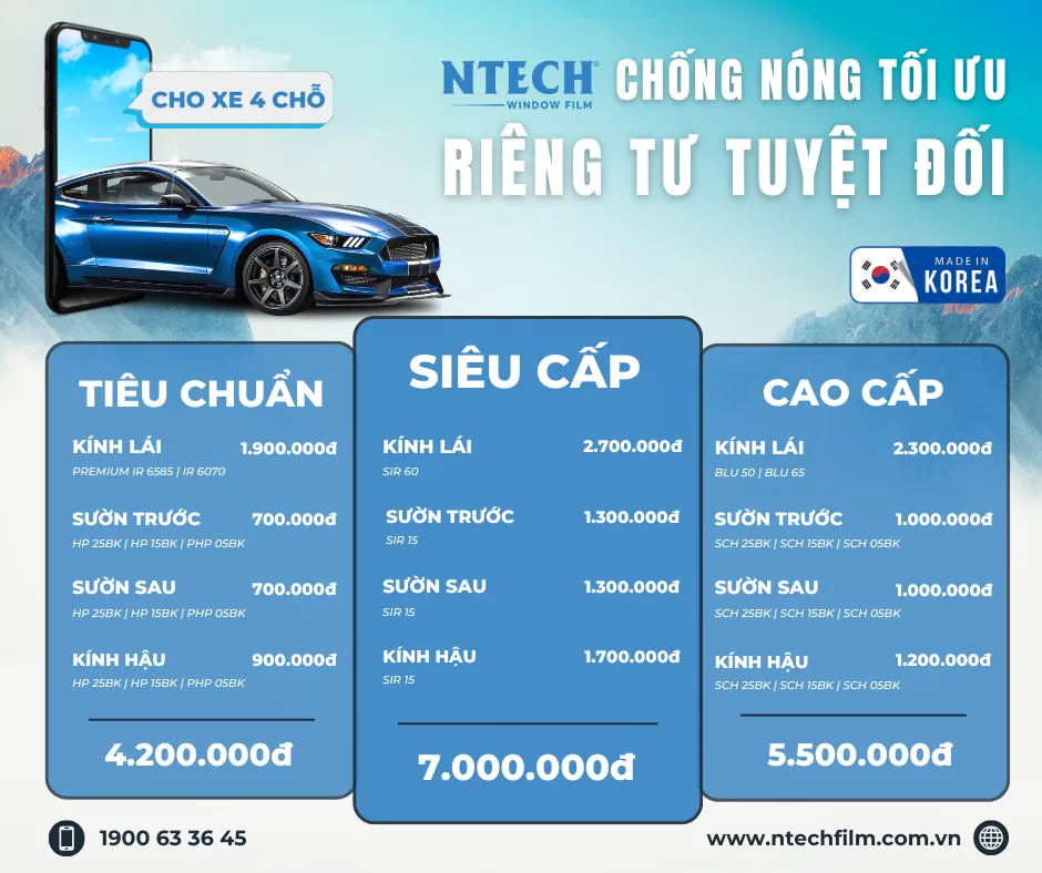 Đánh giá chi tiết các gói dán phim cách nhiệt NTECH cho xe 4-5 chỗ từ 4.2M - 7M