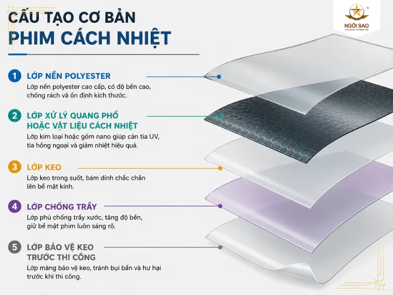 Cấu tạo cơ bản của phim cách nhiệt |. Phim cách nhiệt nhà kính - Phim dán kính chống nóng 99% - Phim cách nhiệt Ngôi Sao