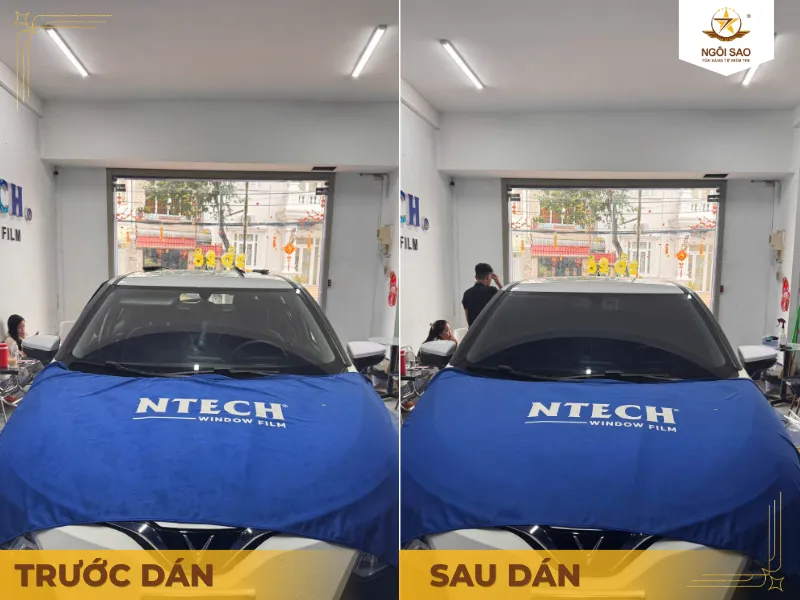 Kính lái trước và sau khi dán phim cách nhiệt ô tô tại Ngôi Sao