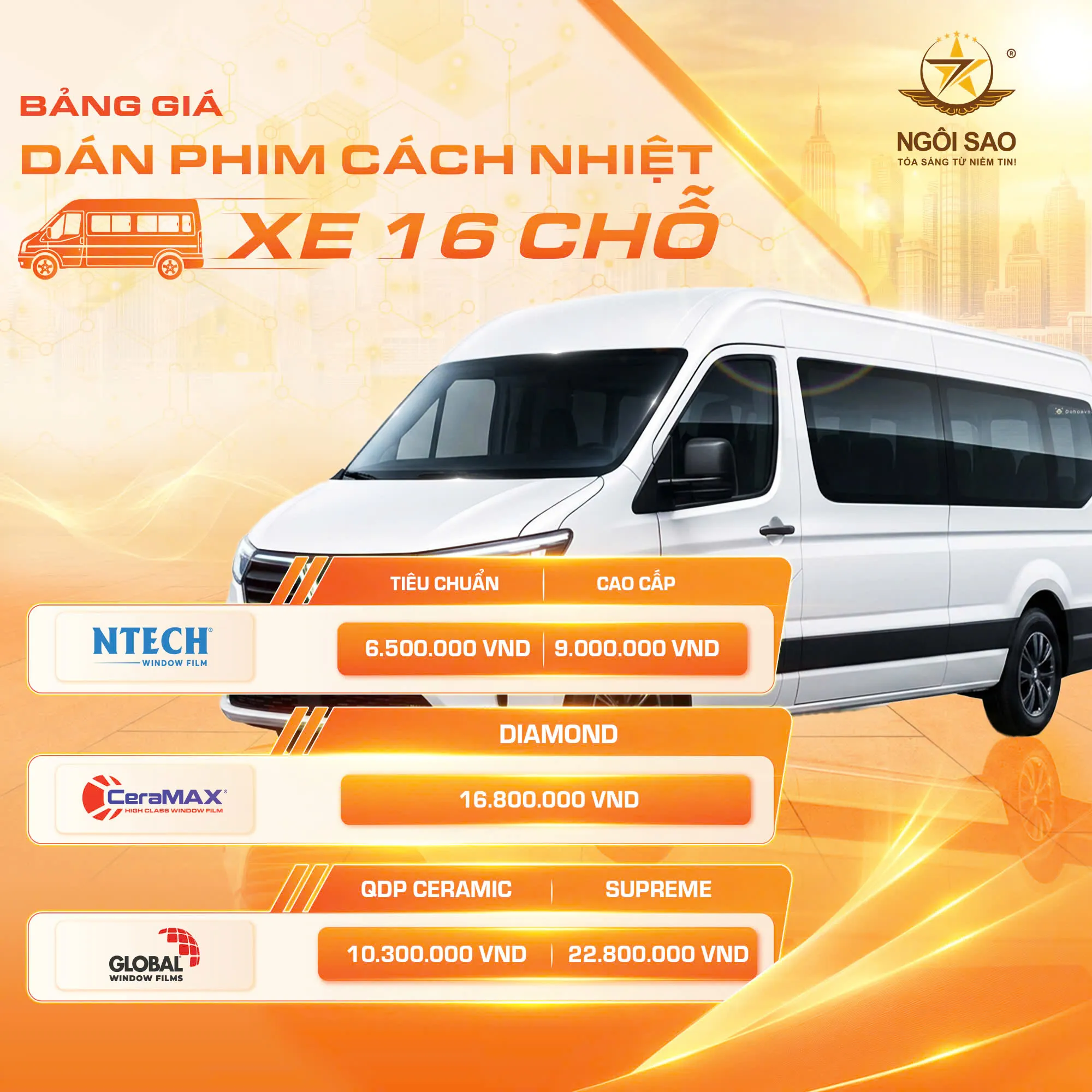 Bảng giá dán phim cách nhiệt cho xe 16 chỗ