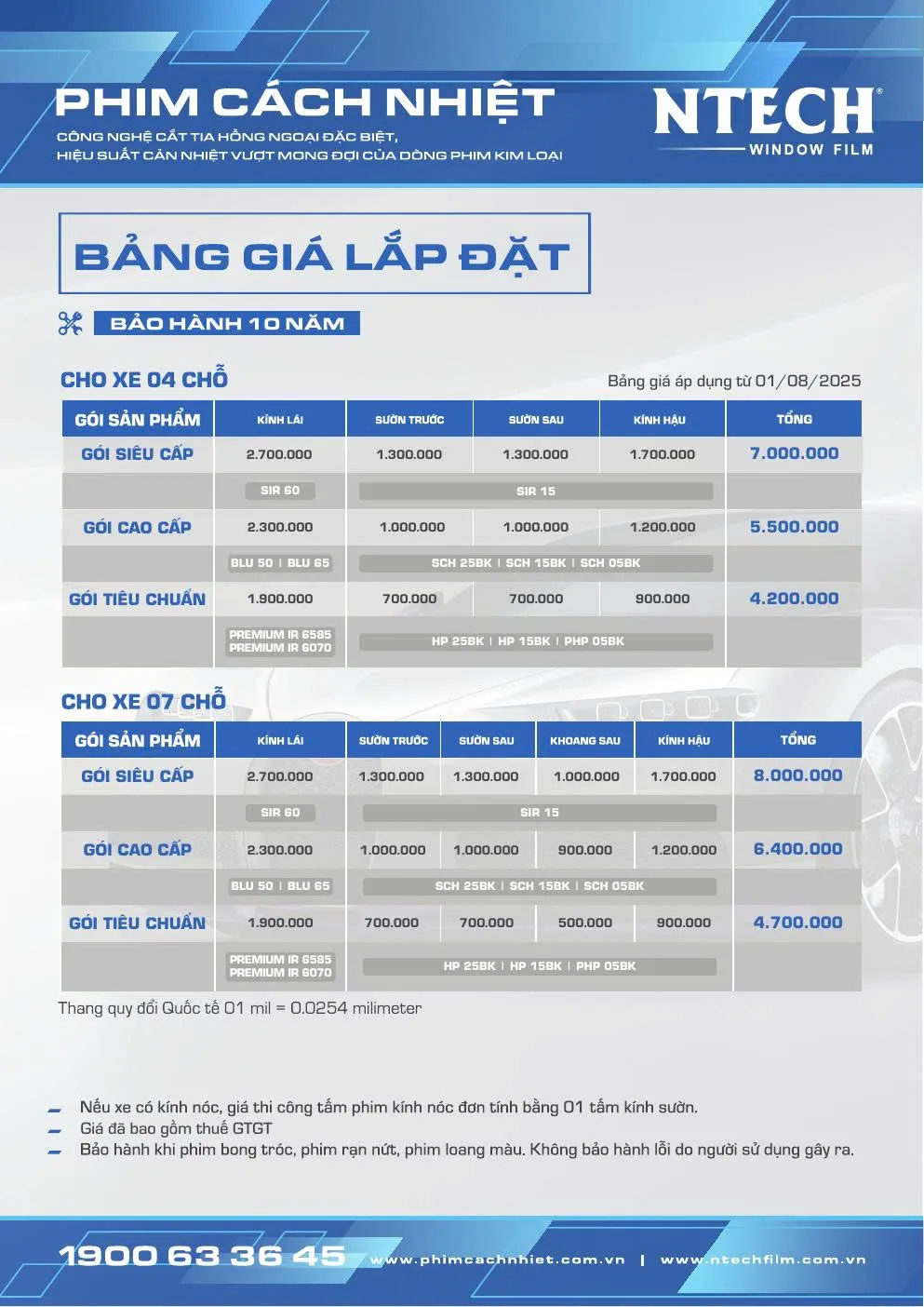 Bảng giá dán lẻ phim cách nhiệt kính lái NTECH chính hãng