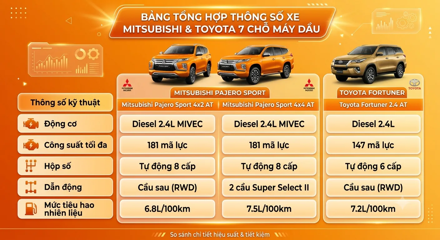 Bảng tổng hợp thông số xe Mitsubishi 7 chỗ máy dầu